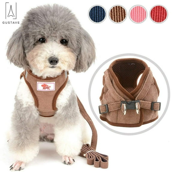Gustave Pet Dog Vest Harness and Leash Set Adjustable Reflective Safety Vest Soft Corduroy Mesh Padded For Puppy Dogs Cats Outdoor "Coffee, Size XL"