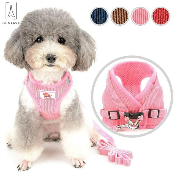 Gustave Pet Dog Vest Harness and Leash Set Adjustable Reflective Safety Vest Soft Corduroy Mesh Padded For Puppy Dogs Cats Outdoor "Pink, Size XL"