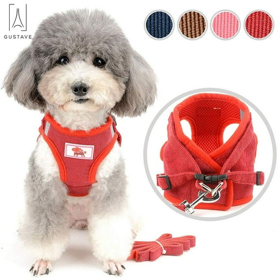 Gustave Pet Dog Vest Harness and Leash Set Adjustable Reflective Safety Vest Soft Corduroy Mesh Padded For Puppy Dogs Cats Outdoor "Red, Size M"