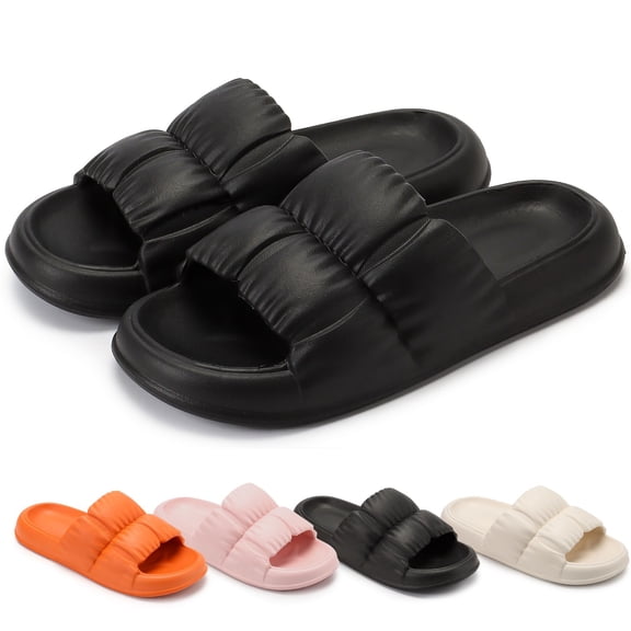 Gustave Pillow Slippers for Women Men Non Slip Clouds Slides Soft Thick Sole Open Toe Slippers Sandals for Home Shower Bathroom, Black, Women 5-6 / Men 4-4.5