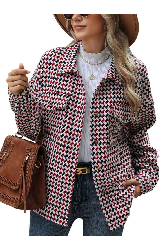 Plaid Shacket Jackets for Women Fashion Flannel Houndstooth Jacket Casual Long Sleeve Button Down Shirt Coats Loose Fit - Red, M
