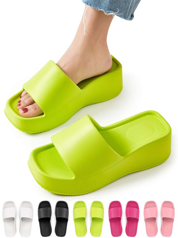 Platform Slide Sandals for Women Square Open Toe Wedge Slippers Fashion Comfortable Summer Beach Casual Slip On Shoes, Women 6-7, Green