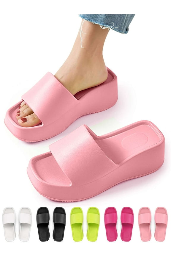 Platform Slide Sandals for Women Square Open Toe Wedge Slippers Fashion Comfortable Summer Beach Casual Slip On Shoes, Women 6-7, Pink
