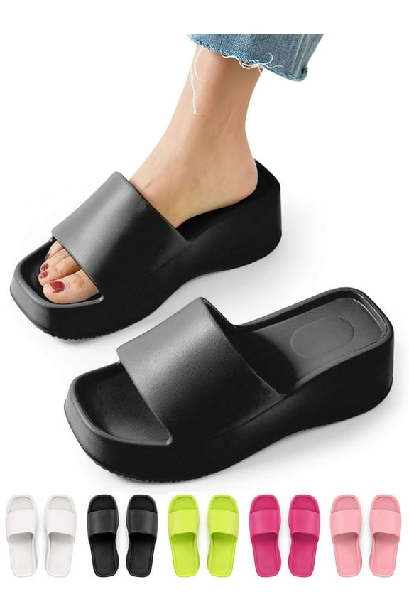 Platform Slide Sandals for Women Square Open Toe Wedge Slippers Fashion Comfortable Summer Beach Casual Slip On Shoes, Women 8-9, Black