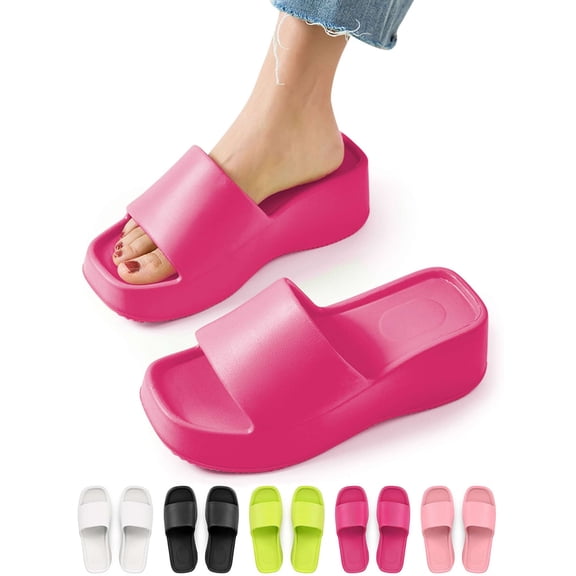 Gustave Platform Slide Sandals for Women Square Open Toe Wedge Slippers Fashion Comfortable Summer Beach Casual Slip On Shoes, Women 8-9, Rose Red