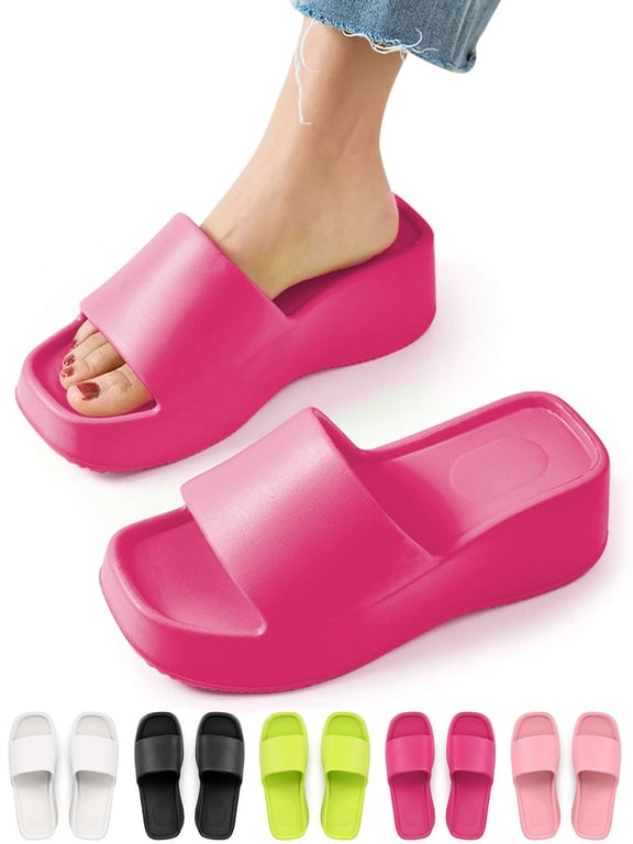 Platform Slide Sandals for Women Square Open Toe Wedge Slippers Fashion Comfortable Summer Beach Casual Slip On Shoes, Women 8-9, Rose Red