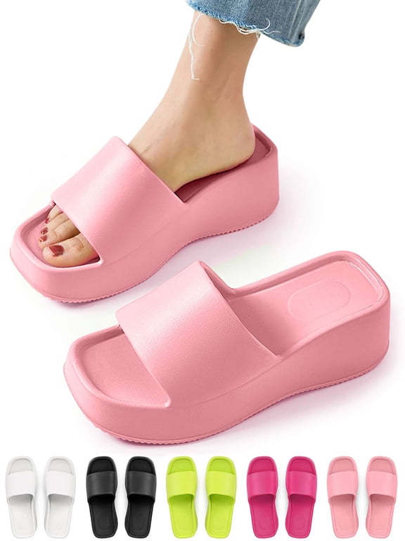 Platform Slide Sandals for Women Square Open Toe Wedge Slippers Fashion Comfortable Summer Beach Casual Slip On Shoes, Women 9-10, Pink