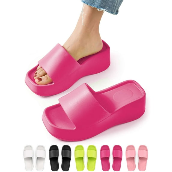 Gustave Platform Slide Sandals for Women Square Open Toe Wedge Slippers Fashion Comfortable Summer Beach Casual Slip On Shoes, Women 9-10, Rose Red