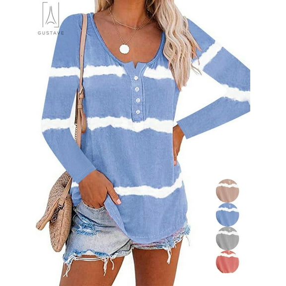 Gustave Plus Size Women's Striped Tie Dye T-Shirt, Long Sleeve Button Down Legging Blouse Loose Casual Tunic Tops "Blue, M"