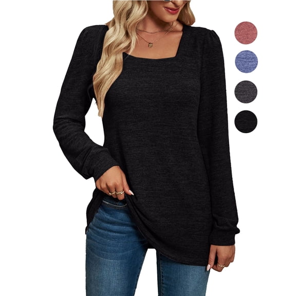 Gustave Puff Long Sleeve Shirts for Women Fall Square Neck Tops Blouse Dressy Casual Loose Pullover Solid Basic T-Shirts - Black, S