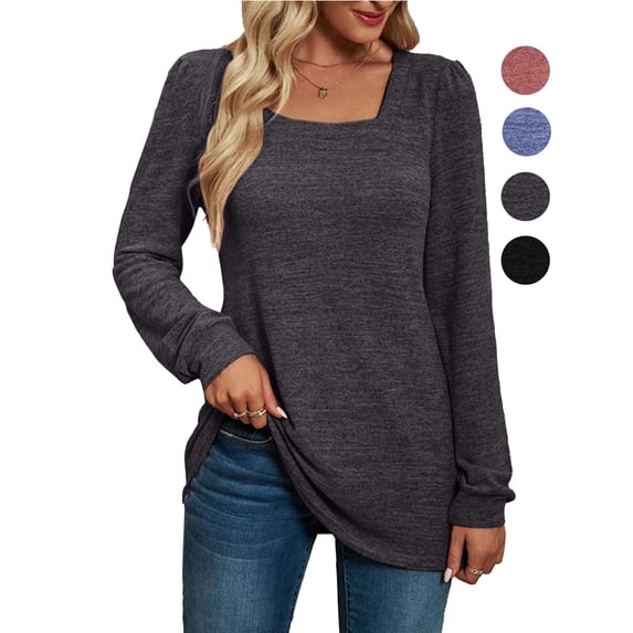 Gustave Puff Long Sleeve Shirts for Women Fall Square Neck Tops Blouse Dressy Casual Loose Pullover Solid Basic T-Shirts - Gray, M