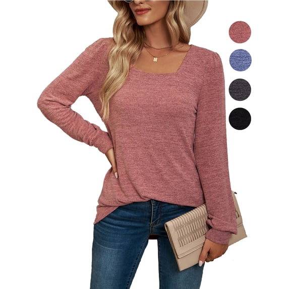 Gustave Puff Long Sleeve Shirts for Women Fall Square Neck Tops Blouse Dressy Casual Loose Pullover Solid Basic T-Shirts - Pink, M