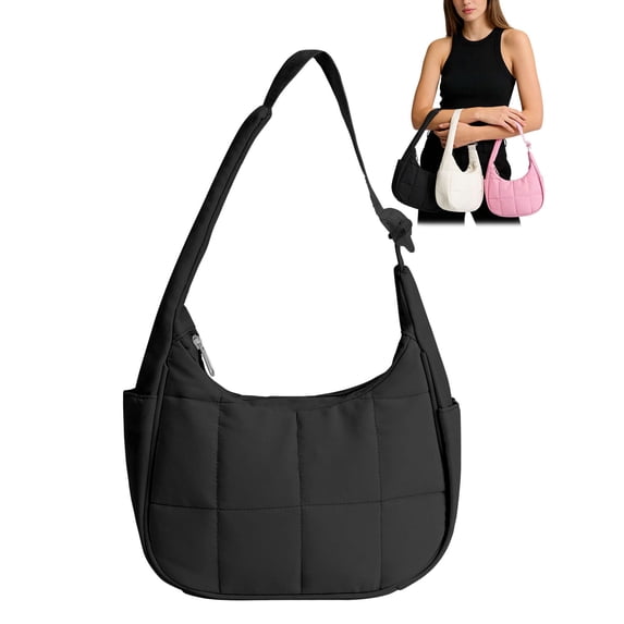 Gustave Puffer Crescent Shoulder Bag for Women Quilted Top Handle Handbag Purse Small Underarm Tote Bag with Adjustable Strap, Blck
