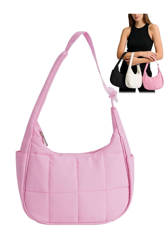 Puffer Crescent Shoulder Bag for Women Quilted Top Handle Handbag Purse Small Underarm Tote Bag with Adjustable Strap, Pink