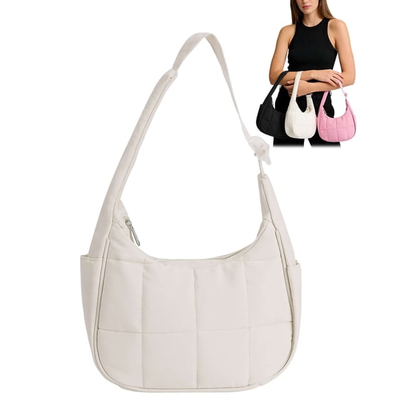 Gustave Puffer Crescent Shoulder Bag for Women Quilted Top Handle Handbag Purse Small Underarm Tote Bag with Adjustable Strap, White