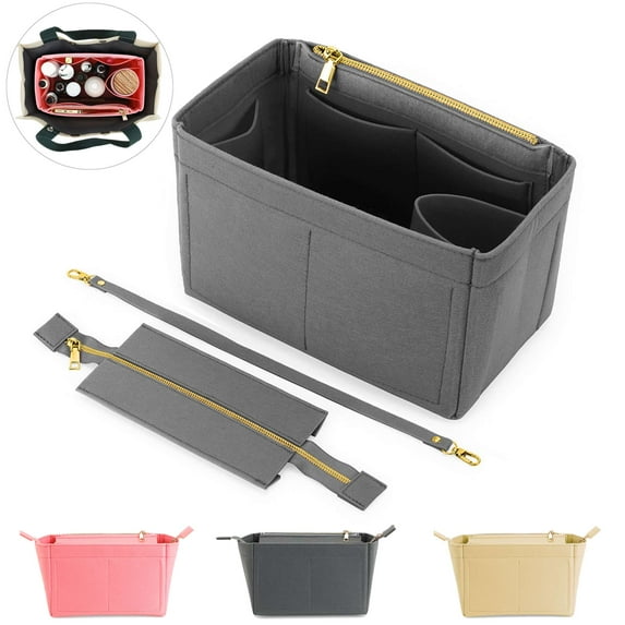 Gustave Purse Organizer Insert Felt Bag Organizer Handbag with Zipper, Multipocket Insert Liner Bag in Bag Base Shaper for Tote Bag, Neverful, Speedy and More "L, Gray"