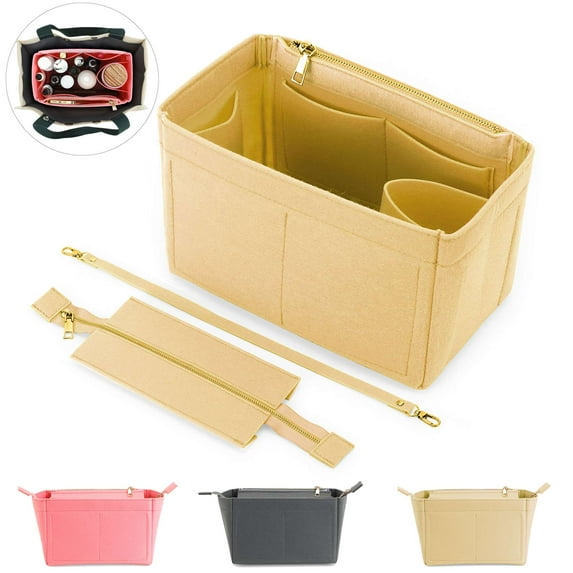 Gustave Purse Organizer Insert Felt Bag Organizer Handbag with Zipper, Multipocket Insert Liner Bag in Bag Base Shaper for Tote Bag, Neverful, Speedy and More "S, White"