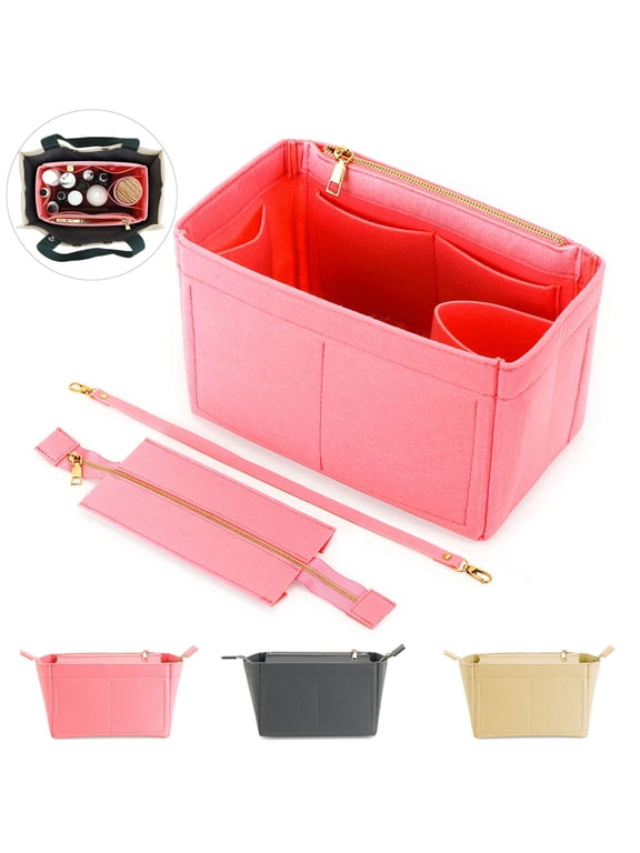 Purse Organizer Insert Felt Bag Organizer Handbag with Zipper, Multipocket Insert Liner Bag in Bag Base Shaper for Tote Bag, Neverful, Speedy and More "S, Pink"