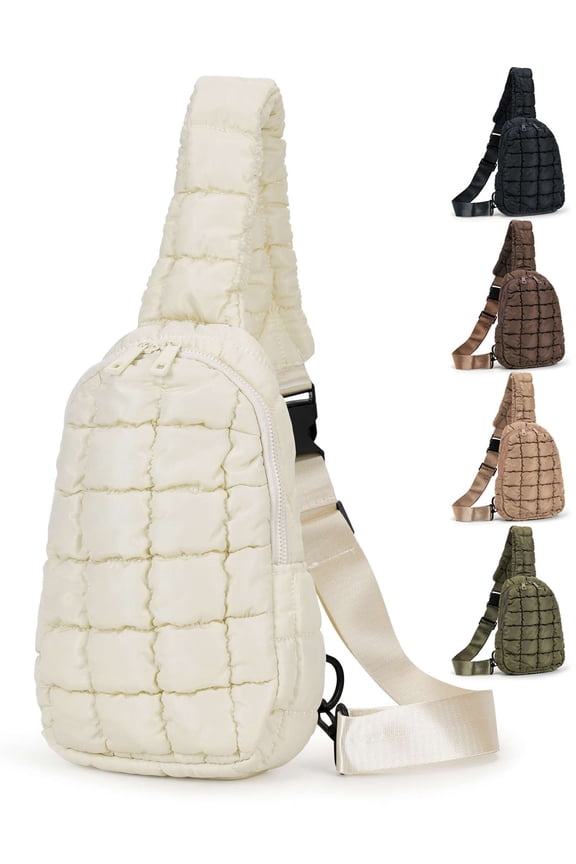 Quilted Puffer Sling Bag for Women Men Small Crossbody Purse Sling Backpck Lightweight Chest Bag Fanny Pack with Adjustable Shoulder Strap for Daily Travel Hiking - White