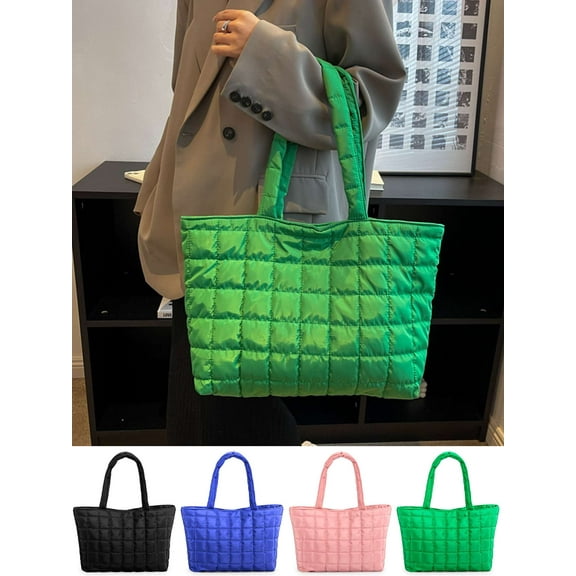 Gustave Quilted Tote Bag for Women Padding Puffer Shoulder Bag Carryall Handbag Trendy Lightweight Large Capacity Puffy Hobo Purse for Travel Gym Work - Green