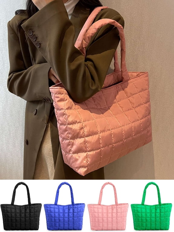 Quilted Tote Bag for Women Padding Puffer Shoulder Bag Carryall Handbag Trendy Lightweight Large Capacity Puffy Hobo Purse for Travel Gym Work - Pink