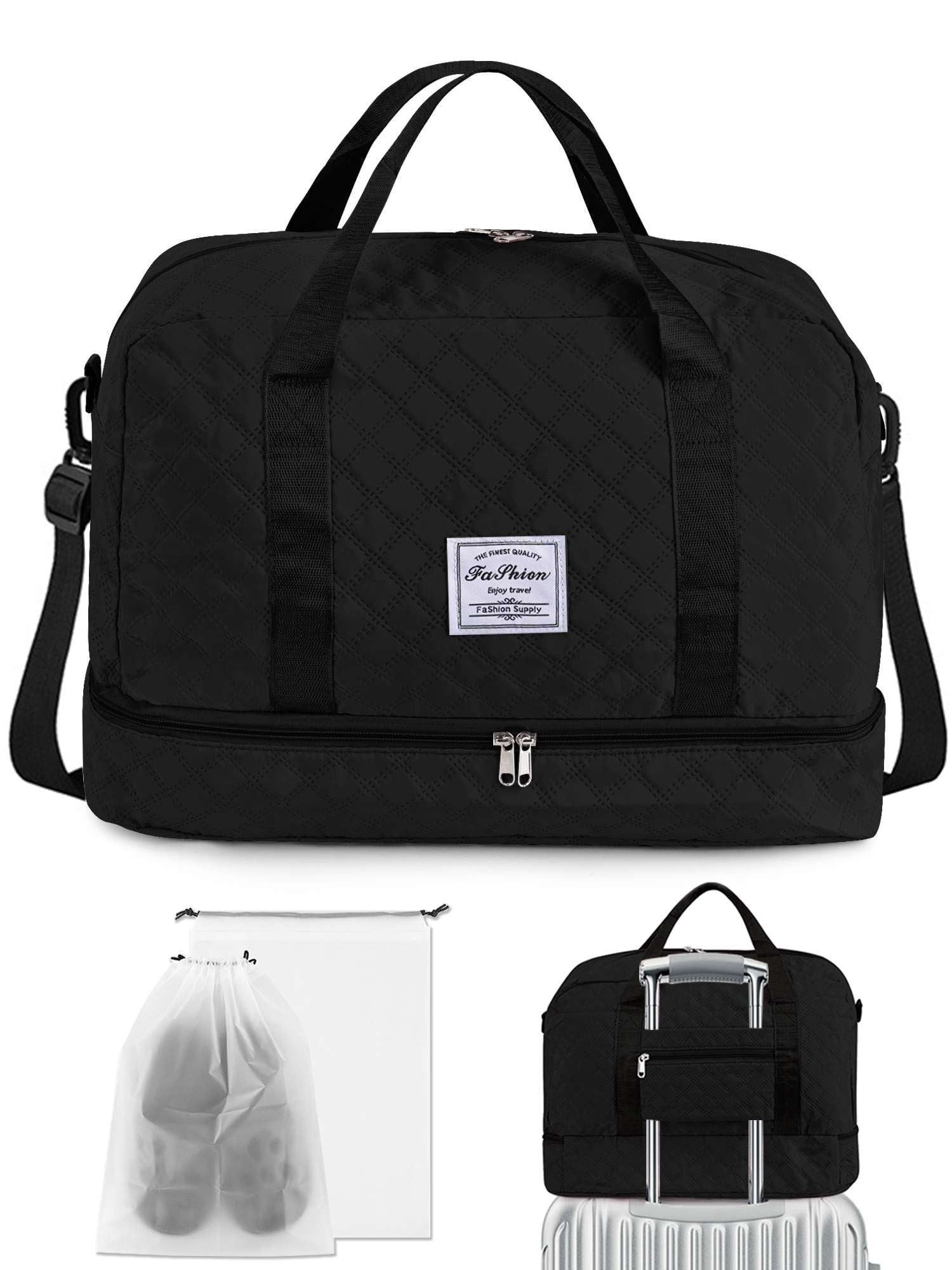 Gustave Quilted Travel Duffle Bag for Women Large Capacity Overnight Weekender Gym Hospital Bag Water Resistant Carry On Totes with Shoe Compartment & Wet Pocket, Black
