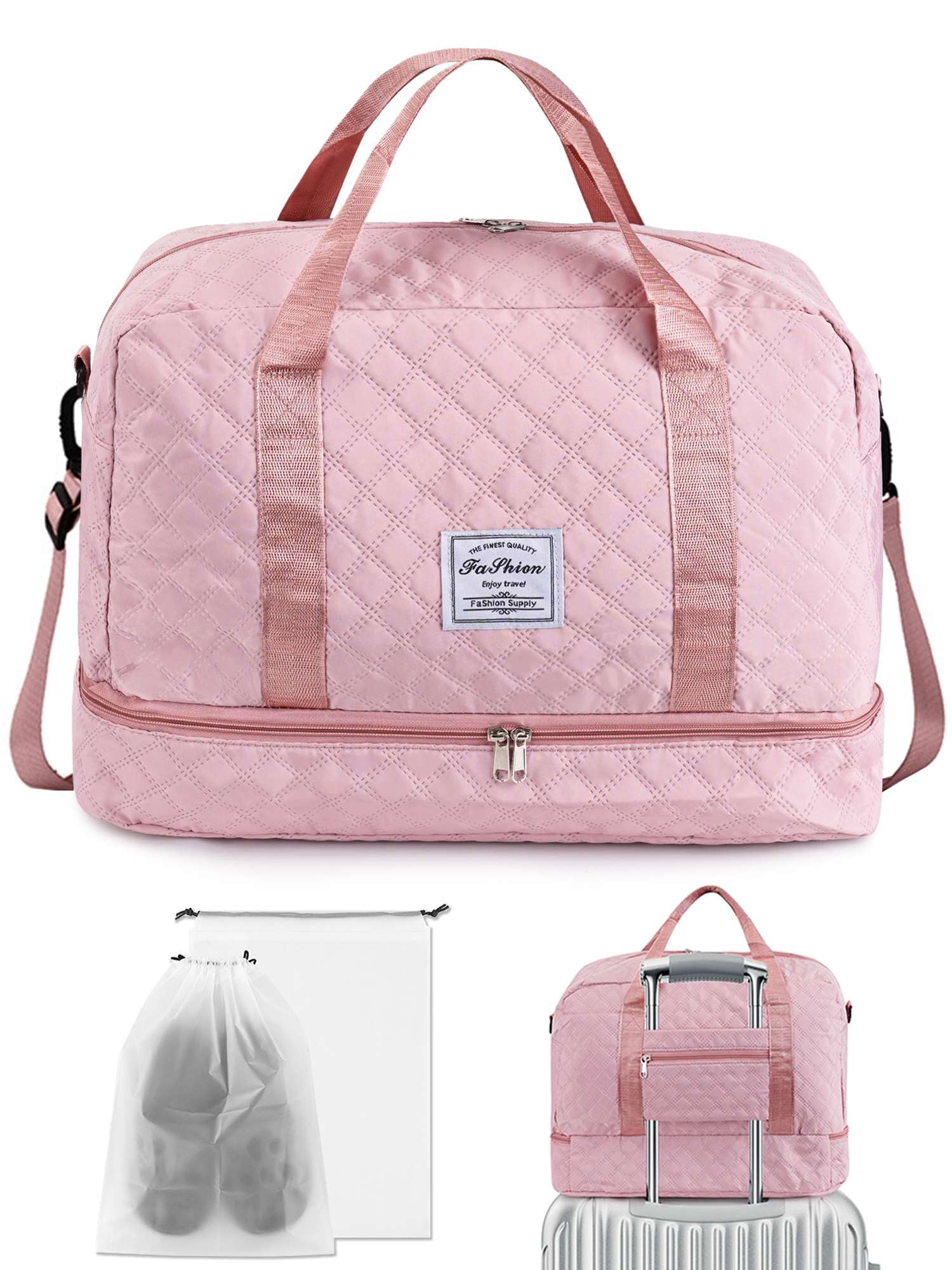 Gustave Quilted Travel Duffle Bag for Women Large Capacity Overnight Weekender Gym Hospital Bag Water Resistant Carry On Totes with Shoe Compartment & Wet Pocket, Pink