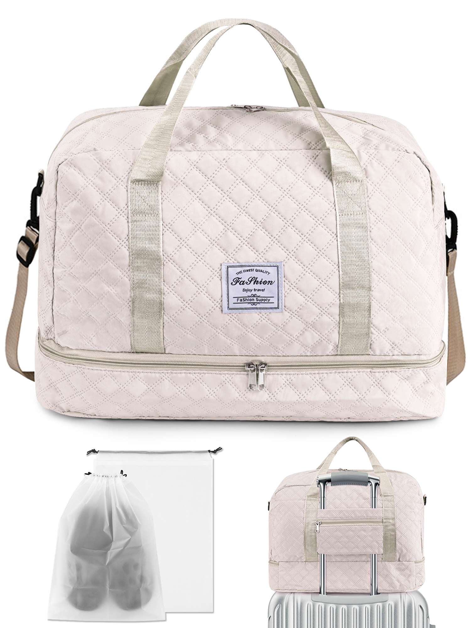 Gustave Quilted Travel Duffle Bag for Women Large Capacity Overnight Weekender Gym Hospital Bag Water Resistant Carry On Totes with Shoe Compartment & Wet Pocket, White
