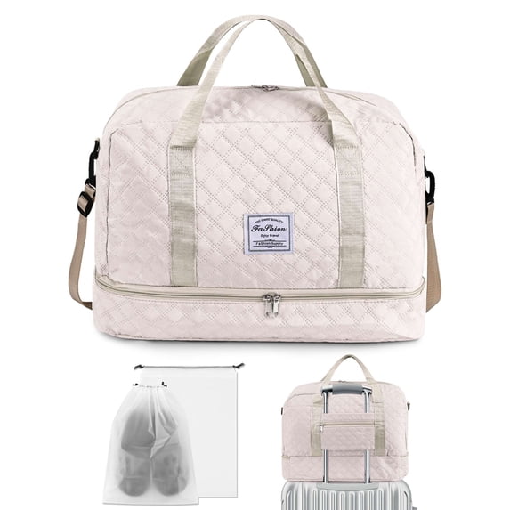 Gustave Quilted Travel Duffle Bag for Women Large Capacity Overnight Weekender Gym Hospital Bag Water Resistant Carry On Totes with Shoe Compartment & Wet Pocket, White