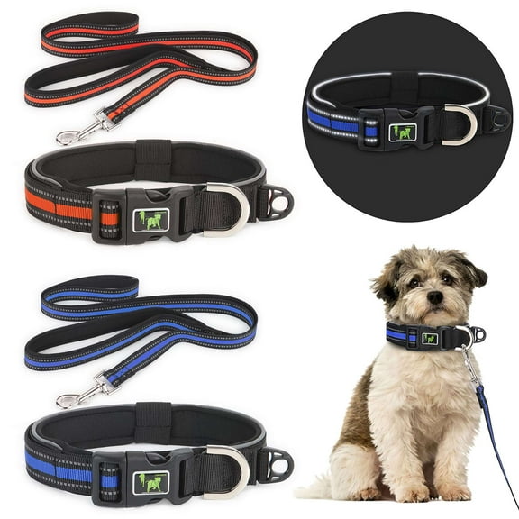 Gustave Reflective Dog Collar and Leash Set Adjustable Neoprene Padded Pet Collar Leash with Safety Locking Buckle & Comfortable Handles for Small Medium Large Dogs Walking Training "Blue, S"