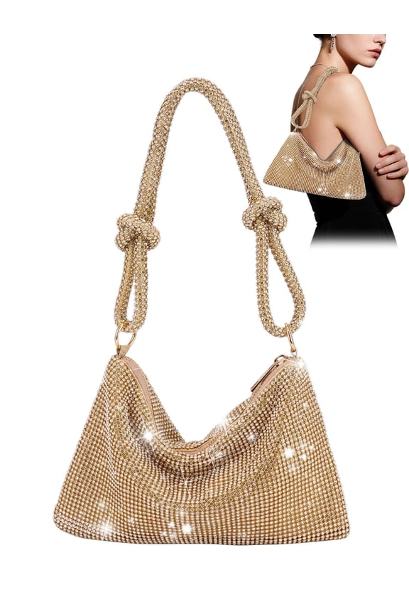 Rhinestone Evening Clutch Purse for Women Sparkling Hobo Handbag Underarm Shoulder Bag for Wedding Party Prom Cocktail - Gold