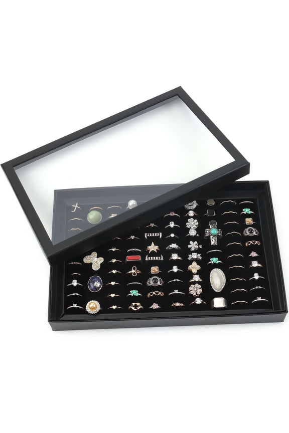 Ring Display Tray Showcase 100 Slots Velvet Jewelry Storage Box Organizer Case Rings Earrings Display Holder with Lid - Black