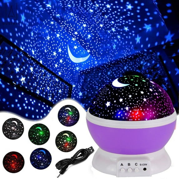 Gustave Romantic Star Sky Projector, Night Lighting Lamp, 4 LED Bulbs 8 Light Color Changing with USB Cable, 360 Degree Rotation, Christmas Party Bedroom Decor Cosmos Toys Gift "Purple"