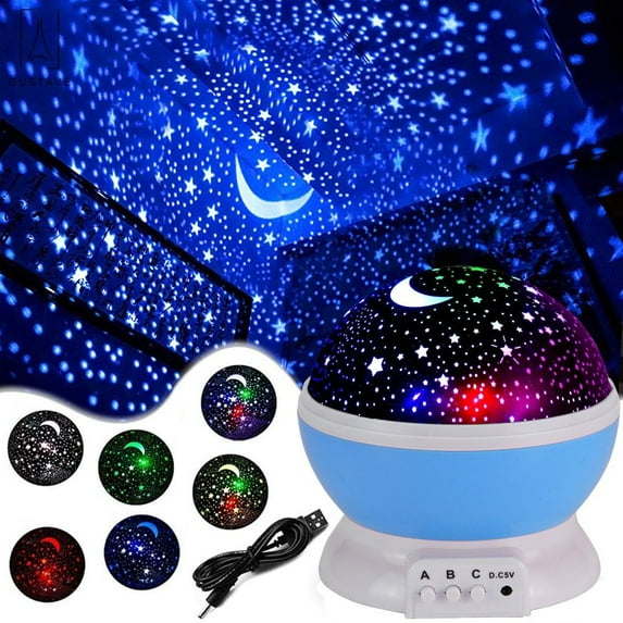 Gustave Romantic Star Sky Projector, Night Lighting Lamp, 4 LED Bulbs 8 Light Color Changing with USB Cable, 360 Degree Rotation, Christmas Party Bedroom Decor Cosmos Toys Gift "Blue"