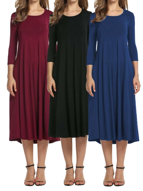 Round Neck 3/4 Sleeve Dress for Women Casual T-Shirt Dresses A-line Swing Midi Dress Loose Long Flowy Dresses Plus Size for Wedding Formal Party Work "Black, XL"