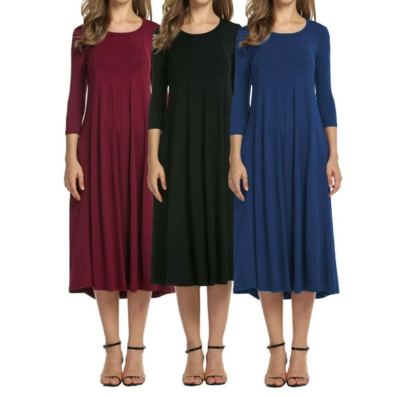 Gustave Round Neck 3/4 Sleeve Dress for Women Casual T-Shirt Dresses A-line Swing Midi Dress Loose Long Flowy Dresses Plus Size for Wedding Formal Party Work "Navy, 3XL"