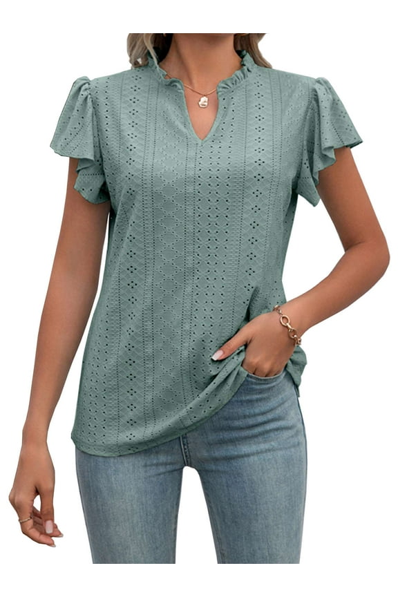 Ruffle Short Sleeve Tops for Women Eyelet Embroidery T Shirts Summer Casual Dressy Hollow V Neck Blouses "Green, S"