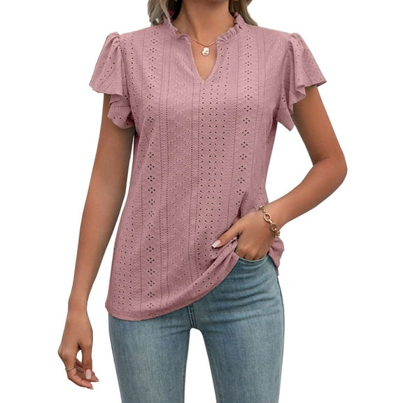 Gustave Ruffle Short Sleeve Tops for Women Eyelet Embroidery T Shirts Summer Casual Dressy Hollow V Neck Blouses "Pink, S"