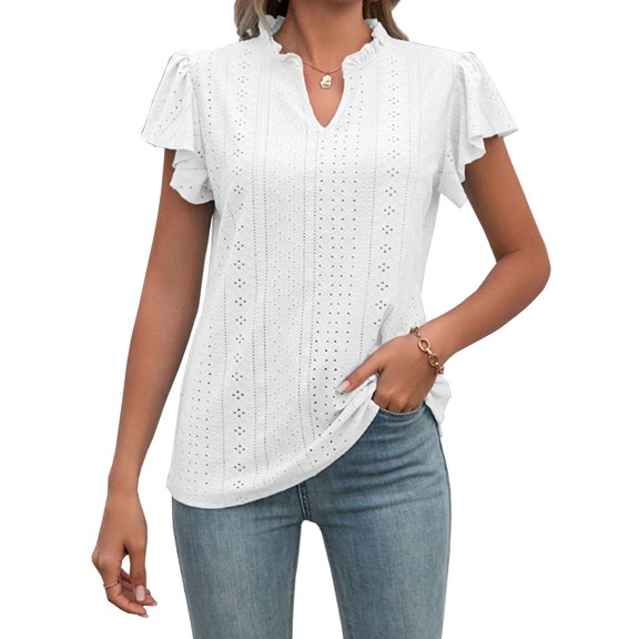 Gustave Ruffle Short Sleeve Tops for Women Eyelet Embroidery T Shirts Summer Casual Dressy Hollow V Neck Blouses "White, S"