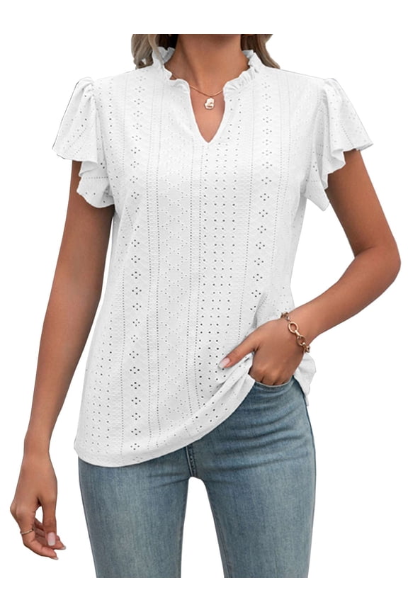 Ruffle Short Sleeve Tops for Women Eyelet Embroidery T Shirts Summer Casual Dressy Hollow V Neck Blouses "White, S"