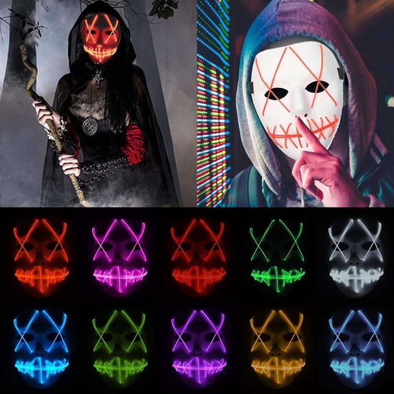 Gustave Scary Halloween LED Mask EL Grow Mask 3 Lighting Modes LED Light UP Creepy Face Mask for Festival Cosplay Halloween Costume Halloween Festival Party "Fluorescent Green"