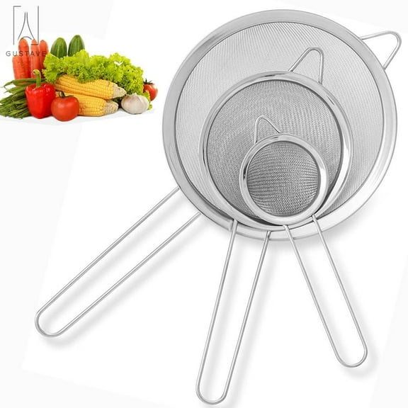 Gustave Set of 3 Stainless Steel Fine Mesh Strainers, Colander Sieve Sifters with Long Handle for Kitchen Food, Tea, Coffee, Powder Fry, Juice, Vegetable Etc