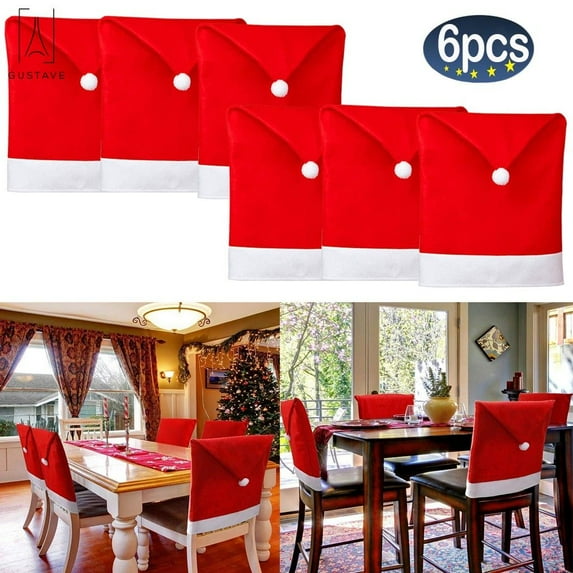 Gustave Set of 6 Christmas Chair Cover, Santa Claus Red Hat Chair Back Covers for Dining Room Home Holiday Party Xmas Decor Chair Slipcovers "Red, 6PCS"