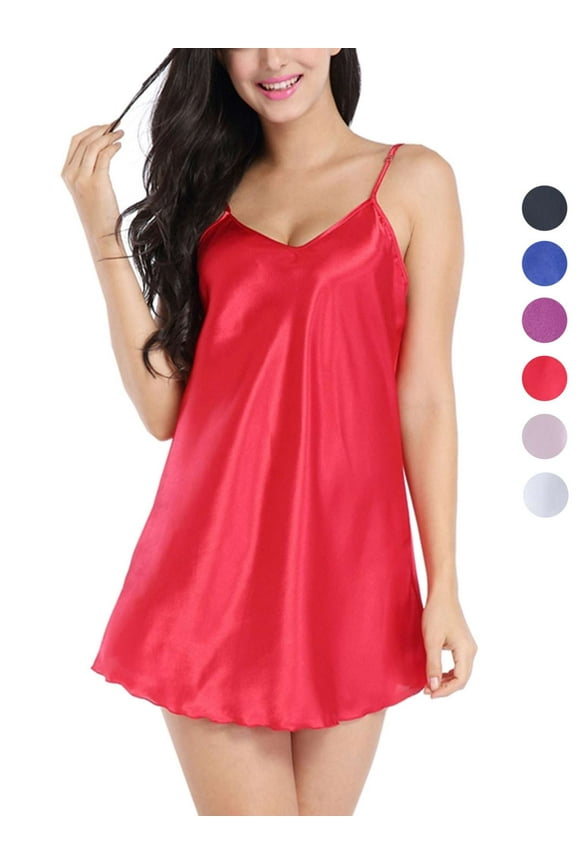 Sexy Silk Chemise Nightgowns for Women V Neck Satin Lingerie Pajamas Mini Nightdress Slip Sleep Dress Spaghetti Strap Sleepwear "Red, S"