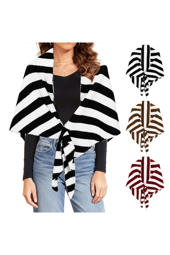 Shawl Wraps for Women Striped Open Front Poncho Cape Knitted Shawls Shoulder Wrap Scarf Triangle Scarves for Fall Winter - Black