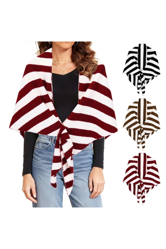 Shawl Wraps for Women Striped Open Front Poncho Cape Knitted Shawls Shoulder Wrap Scarf Triangle Scarves for Fall Winter - Red