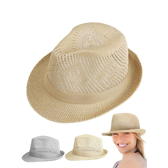 Gustave Short Brim Fedora Hat for Men Women Summer Sun Protection Beach Hats Panama Trilby Hat Breathable Hollow Out Mesh Cap - Khaki