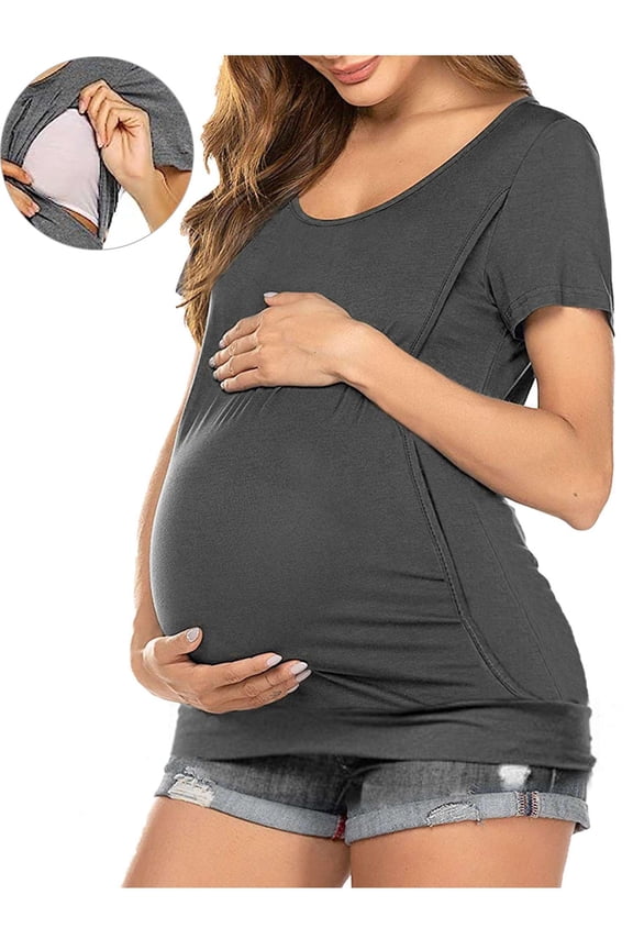 Short Sleeve Maternity Nursing Tops Summer Double Layer Breastfeeding T Shirts Casual Round Neck Pregnancy Clothes Tee Blouse for Women "Gray, XL"