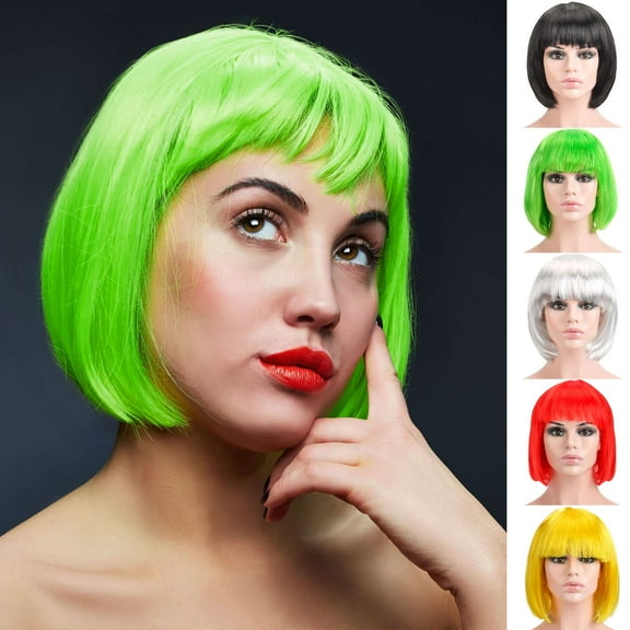 Gustave Short Straight Bob Wig with Bangs, 12 Inch Costume Cosplay Wigs Synthetic Hair Replacement Wigs for Women Men for Halloween Party Anime Cosplay Daily, Green
