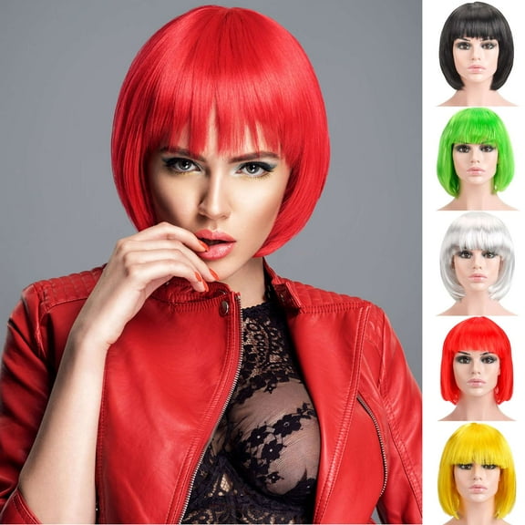 Gustave Short Straight Bob Wig with Bangs, 12 Inch Costume Cosplay Wigs Synthetic Hair Replacement Wigs for Women Men for Halloween Party Anime Cosplay Daily, Red